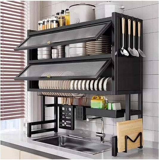 Over The Sink Dish Drying Rack, 3-Tier Stainless Steel with Cover & Knife Holder, Space-Saving Drain Rack for Kitchen Sink, Organizer for Dishes, Glasses, Bowls, Cutlery(Black,95cm/37.4in)