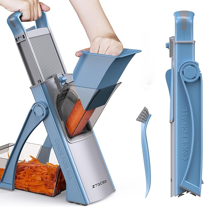 [All in 1] Upgraded Version Safe Mandoline Slicer for Kitchen, Adjustable Thickness. Veggie Slicer, Rapid Prep Mandoline, Detachable Blade, Cleaning Brush (Blue)
