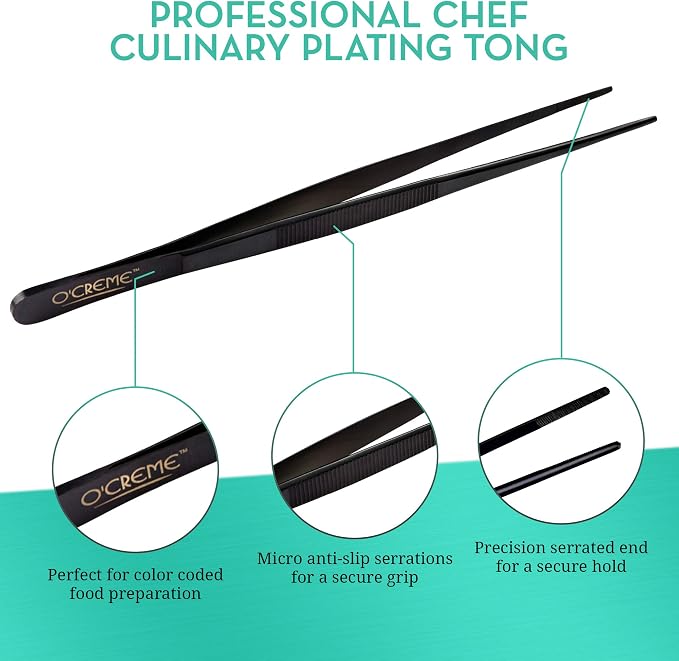 O'Creme 10 Inch Blue Precision Stainless Steel Kitchen Tweezer Tongs with Serrated Tips for Gripping