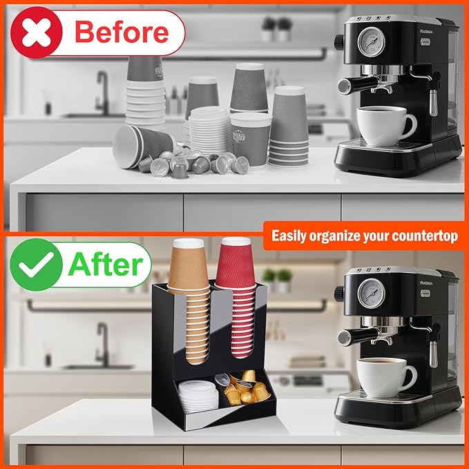 MYITYARD Coffee Cup Holder, 2-Tier Cup and Lid Organizer fits 5 to 16oz Paper Cups, Acrylic Condiment and Cup Storage Organizer, Coffee Station Organizer for Pods, Syrup, Stirrer, 4 Compartments