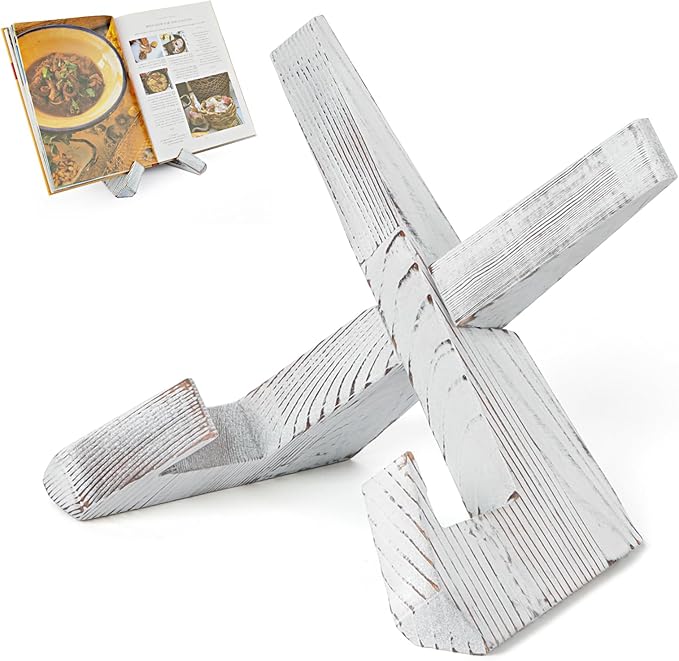 PUERSI Cookbook Stand for Kitchen, Recipe Book Holder for Kitchen Counter, Wooden Cookbook Holder, Rustic Cook Book Holder Stand - Farmhouse White - 1 Set