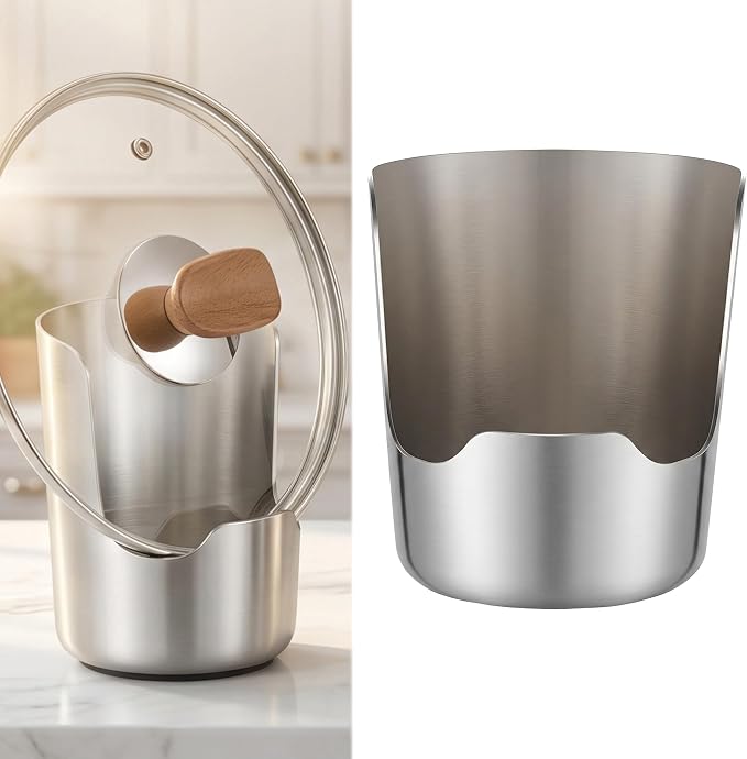 Multi-Functional Kitchen Utensil Holder for Holds Pot Lids & Spoon Countertop Organizer Tool, Space-Saving Vertical Heavy Duty Thickened 304 Stainless Steel Spoon Rest, Lid & Cutting Board Rack