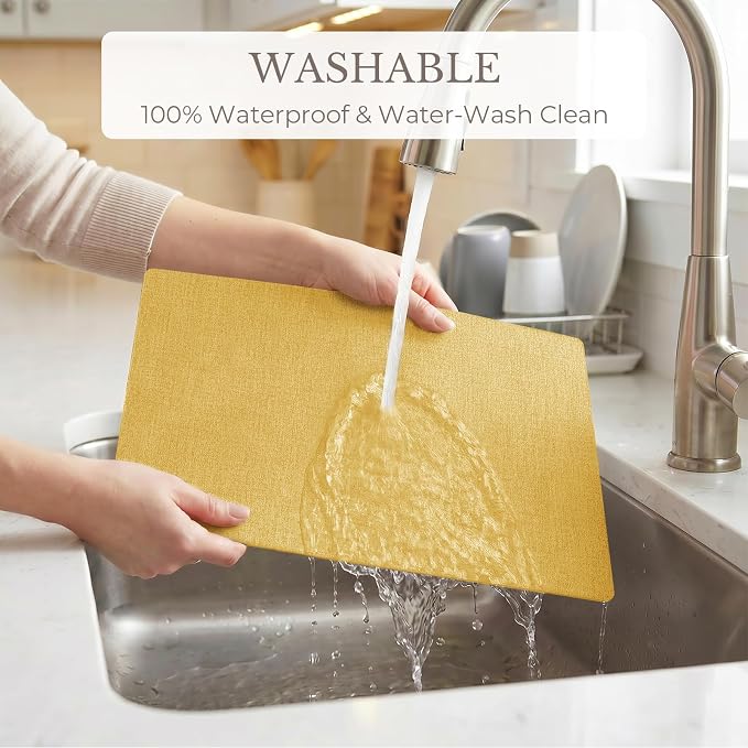 Romanstile Vinyl Placemats Set of 6-12 X 17 Inch - Faux Leather 100% Waterproof Wipeable Anti Slip Place Mats, Heat Resistant Reversible PU Table Mats for Kitchen Dining Party Outdoor, Yellow