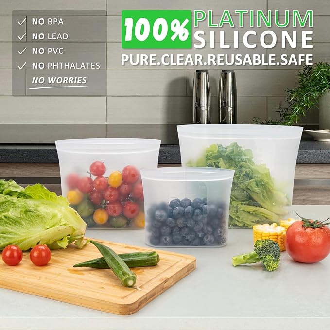 100% Platinum Silicone Reusable Storage Bags, 12 Pack, Premium Silicone Food Storage Bag Stand-Up Wide-Mouth Zip-Lock, Freezer Microwave Oven Dishwasher Safe, 4 M + 4 S + 4 XS, Crystal-Clear