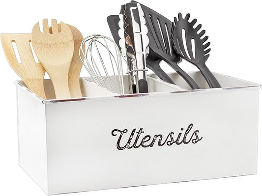 AuldHome Design Large Enamelware Utensil Holder, White Farmhouse Cooking Caddy or Spoons/Forks/Knives Storage for Countertop and Table