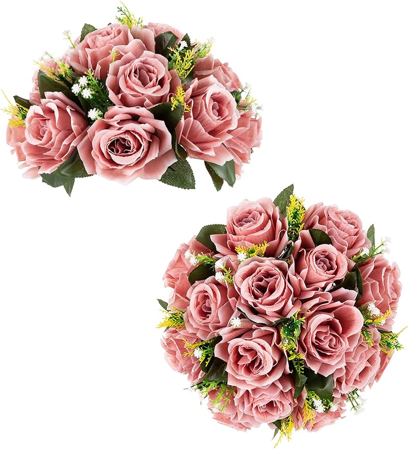 BLOSMON Dusty Pink Flowers Centerpieces: 2 Pcs Artificial Roses Flowers Balls for Wedding Dinning Table - Fake Silk Kissing Floral Arrangement for Home Party Event Decor | 2 Pcs Wedding Dinning Table Floral Arrangements - Fake Silk Kissing Bouquets wit...