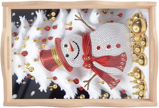 DIY Diamond Serving Tray Rectangular Breakfast Tray with Handle Handmade Diamond Art Painting Wooden Tray for Dinner Plate Coffee Room Living Home Organizer-Snowman02