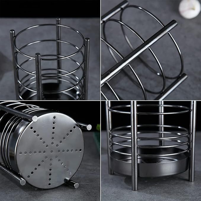 Black Kitchen Utensil Holder for Kitchen Counter, Stainless Steel Utensil Crocks, Black Titanium Coating Utensil Storage Caddy Organizer, Cooking Utensil Holder, Easy Cleaning (Black/7.4''x5.2'')