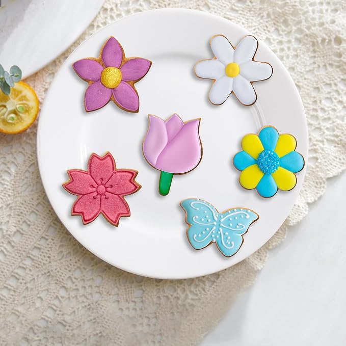 FUSOTO 6PCS Flower Cookie Cutter Set, 3 Inches Flower Shaped Cookie Cutter-Daisy, Tulip, 3 Shaped of Flowers, Butterfly, Stainless Steel Cookie Cutters, Baking Tool for Homemaking Cookie