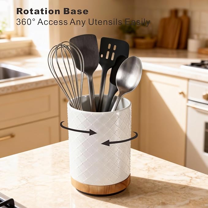 360° Rotating Kitchen Utensil Holder, 8.1" Large Utensil Crock, White Cooking Utensil Holder for Countertop with Countertop-Protection Cork Bottom for Farmhouse Kitchen Decor Christmas Gift