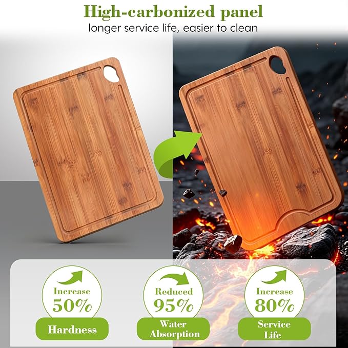 Bamboo Cutting Board 5-Piece Set,Deep-Carbonized Reversible Charcuterie Boards With Juice Grooves,Include Storage Stand&Cleaning Sponge,Knife Friendly,Sturdy,Perfect Kitchen Gift Set