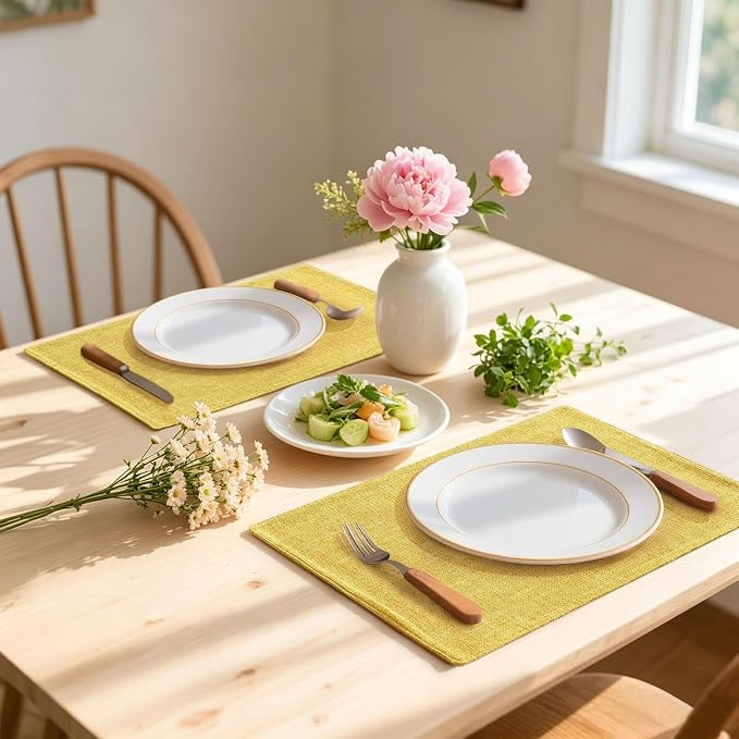 Homaxy Cloths Placemats for Dining Table Set of 6, Heat Resistant Washable Cotton Linen Blend Table Mats, Place Mats for Indoor Outdoor Party Kitchen Decoration, 13" x 19", Mustard Yellow
