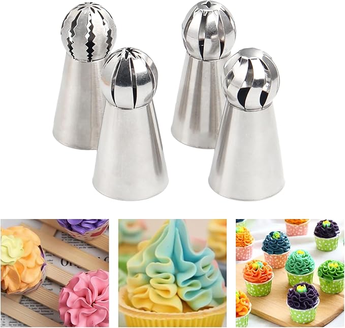Russian Ball Piping Tip Set, 4-Piece Stainless Steel Cream Nozzles, Baking Tools Suitable for Ice Cream, Cookies, Cupcakes, and Cake Decorating
