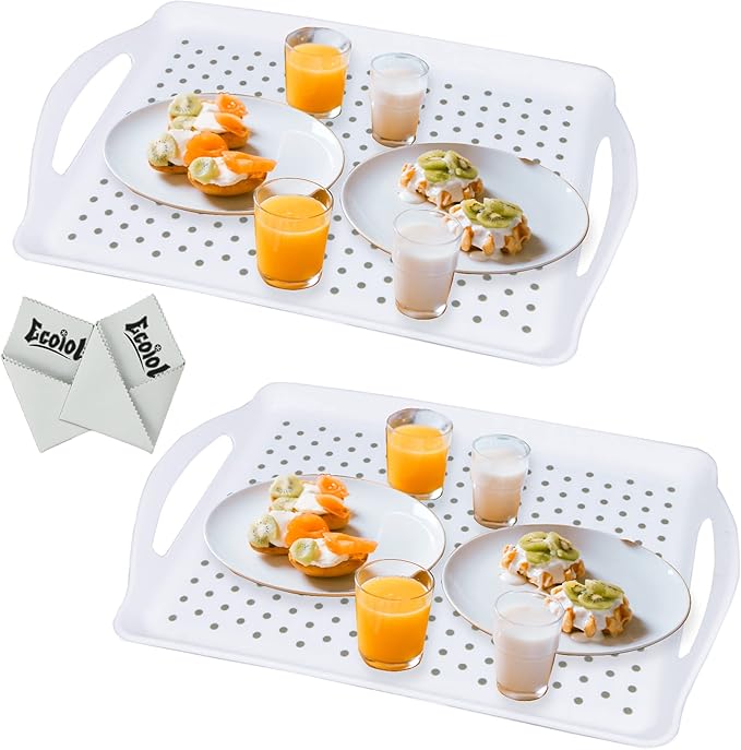 ECOIOU Non Slip Food Serving Tray with Handles, Rectangle Anti-Slip Non-Toxic Dishwasher Safe Tray for Snack Fruit Dessert Breakfast Drink Come with Cleaning Cloths, White