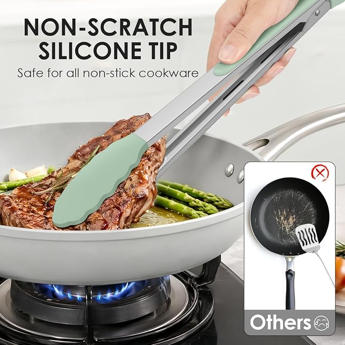 HOTEC Silicone Kitchen Tongs Set of 2-9" and 12" Locking Stainless Steel Cooking Tongs with Silicon Tips Non-Scratch Heat Resistant 600°F for BBQ, Grill, Air Fryer & Serving, Light Green