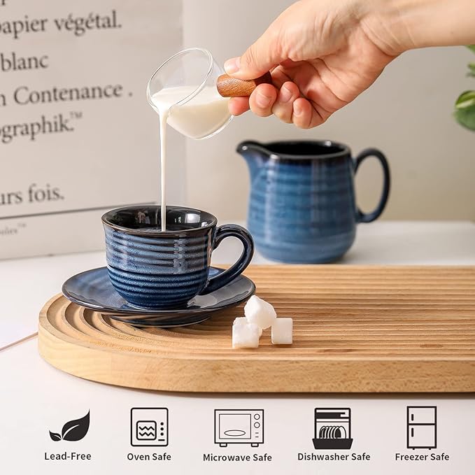 Ceramic Espresso Cups with Saucers 5 Oz,Set of 4 Cappuccino Mug with Handle for Coffee,Tea,Latte and Macchiato,Porcelain Demitasse Cups Set for Kitchen and Cafe,Navy Blue