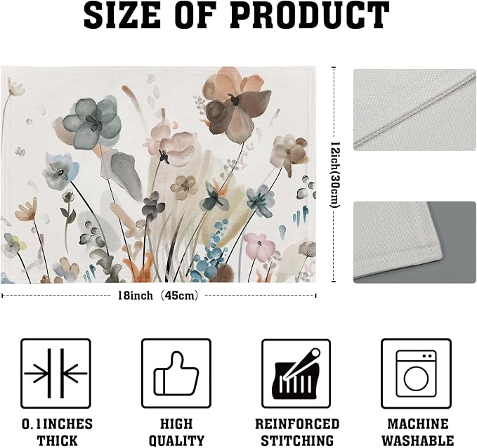 Brown Cream Grey Teal Floral Placemats Set of 4 Watercolor Flowers Place Mats Washable Dining Rustic Abstract Floral Farmhouse Linen Table Mats Stain Heat-Resistant Cloth Table Mat Decor 12x18 in