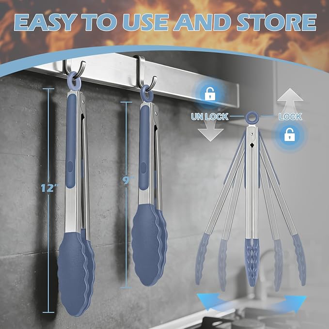 TACGEA Stainless Steel Kitchen Tongs with Silicone Tips, Locking Grilling Food Tongs, 9" and 12", Set of 2 Blue