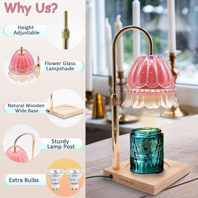 Glass Flower Lampshape Candle Warmer Lamp with Adjustable Height, Wax Burner Lamp with Timer and Dimmer, Wooden Base Candle Warmer, Women's Gifts (Pink)