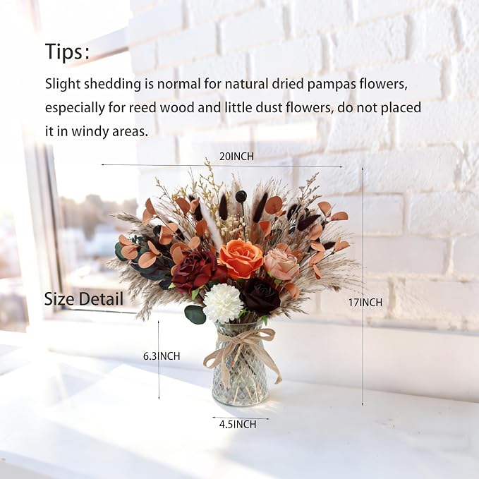 Vase with Artificial Flower Arrangemets Centerpieces for Dining Table Decorations,Faux Dried Pampas Grass Floral Decor, Fake Flowers in Vase for Home,Kitchen,Rustic Decoration(Orange)