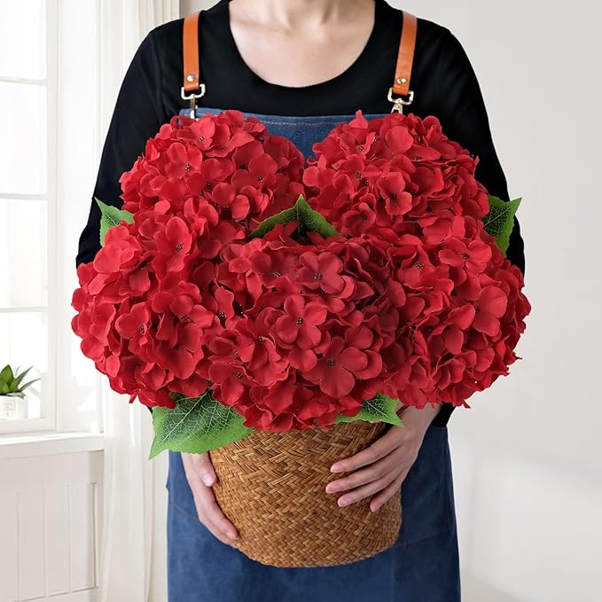 JINWOE 5Pcs Red Silk Hydrangea Artificial Flowers, 20Inch Large Halloween Christmas Lifelike Flowers for Indoor Bouquet Table Centerpieces Floral Arrangements Home Wedding Home