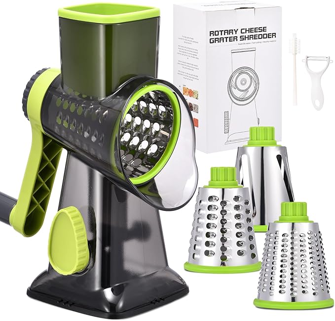 Rotary Cheese Grater with Handle Kitchen Shredder Slicer Grater Slicer Ice Shaver Cheese Vegetable Nuts Potato Zucchini Chocolate 3 Interchangeable Blades (Green TSP)
