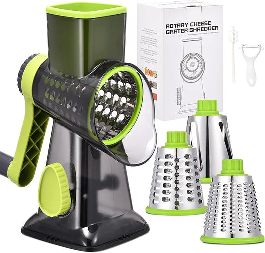Rotary Cheese Grater with Handle Kitchen Shredder Slicer Grater Slicer Ice Shaver Cheese Vegetable Nuts Potato Zucchini Chocolate 3 Interchangeable Blades (Green TSP)