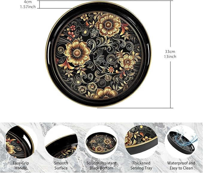 Plastic Coffee Trays,Serving Tray,Bohemian Round Tray,13" Dx 1.57" H,Lightweight and Non-Slip with Handles,Perfect for Restaurants,Cafés,and Home Use (Round)