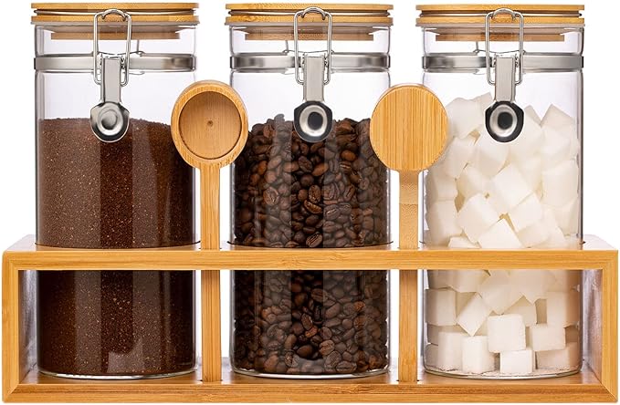 Yangbaga Glass Coffee Sugar Containers with Shelf, 3 x 45 OZ Coffee Bean Storage Station Organizer with Airtight Locking Clamp and Coffee Bamboo Scoop, Large Capacity Food Storage Jar for Kitchen