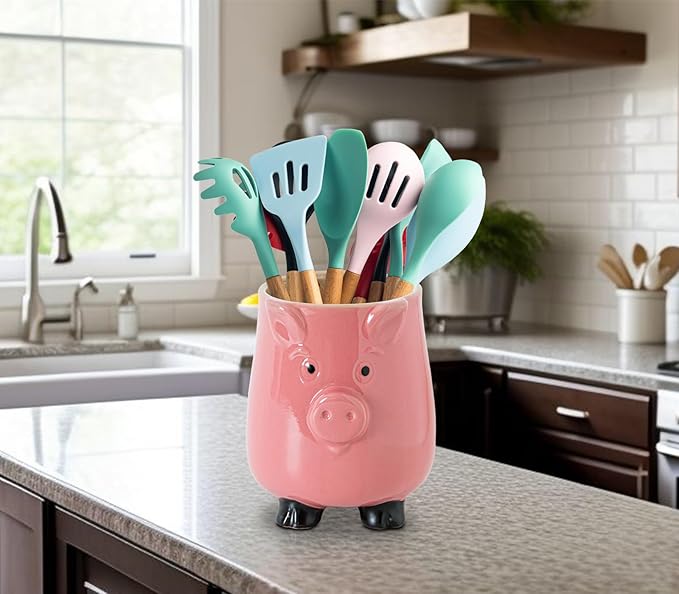 Pig Ceramic Kitchen Utensil Holder For Kitchen Counter Pink Utensil Crock For Countertop, Cute Farmhouse Kawaii Storage Organizer For Forks, Spoons & Cooking Tools