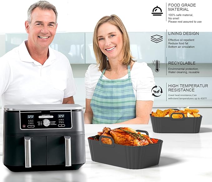 Silicone Air Fryer Liners 2 Pack, Reusable Compatible for Ninja Foodi DZ201, DZ401, DZ550, DZ302, COSORI 9QT, Chefman, Instant, and 6-in-1 8-10QT Dual Baskets