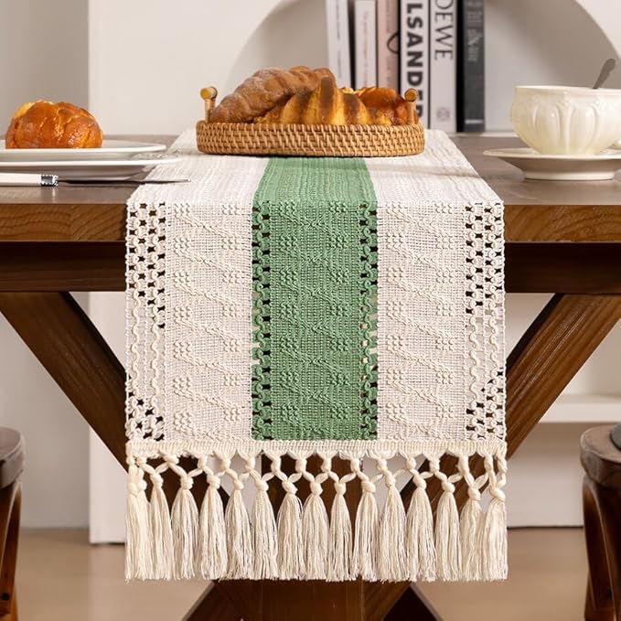 Boho Woven Cotton Linen Table Runner Sage & Ivory 11"x48" with Tassels Rustic Macrame Farmhouse Table Runner Summer Decor for Dining Room Wedding Kitchen Party
