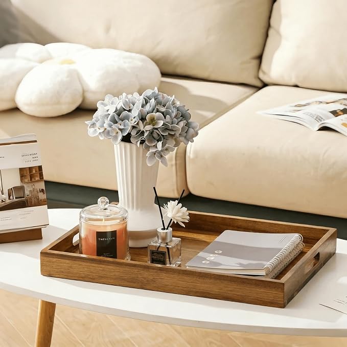 YOUEON 2 Pack 17 x 12 Inch Acacia Wood Serving Tray with Handles, Large Wooden Tray for Ottoman, Breakfast in Bed, Dinner, Coffee Table, Perfect for Living Room, Bedroom & Kitchen