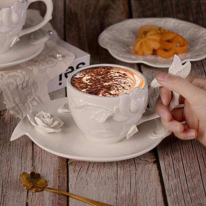 KAMMAK Tea Cups and Saucers Set of 2, Porcelain Coffee Cups, 8.5-Ounce Stackable Espresso Mugs, Ceramic Demitasse for Coffee, Latte, Americano, Tea, Cubic Rose