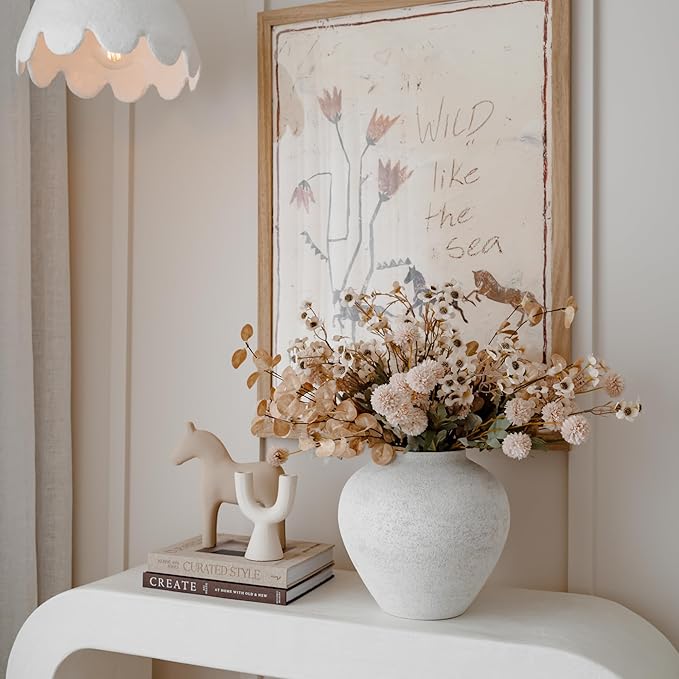 SilkSerenade Beige Silk Kiku Flower Arrangements with Eucalyptus & Wild Flowers for Home Decoration, Fake Flores Long Neutral Tall Mums Cream Stems Artificial Floral Kitchen Dining Table Centerpieces