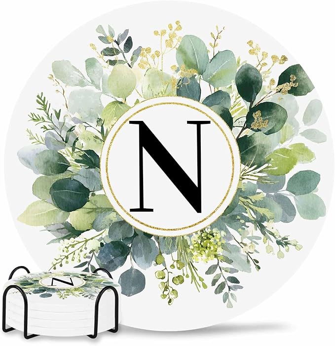 Coasters Set of 4 Letter N Drink Coasters with Holder Absorbent Stone Ceramic Cup Mat Alphabet Green Eucalyptus Leaves Coaster for Drinks Coffee Bar Office Kitchen Cafe Home Decor