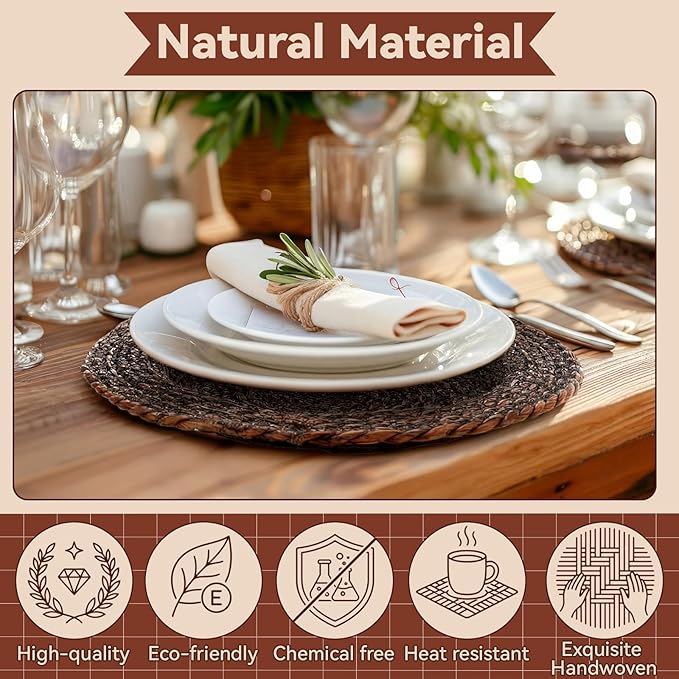 LemonRoad 13 Inch Boho Placemats Set of 6 Large Round Farmhouse Chargers Plate Mats Cattail Weave Woven Table Mats for Dining Plates Rustic Home Kitchen Wedding Party Table Decor, Dark Brown