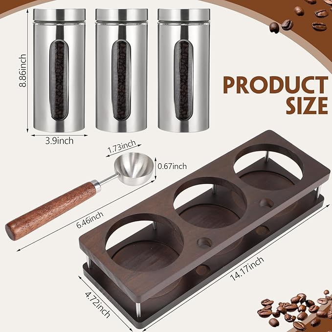 Suclain Stainless Steel Coffee Grounds Canisters with Shelf 3 x 50oz Sugar Coffee Bean Storage Container with Airtight Threaded Lid Glass Window Scoop Kitchen Jar Set for Bar Creamer Nut Tea