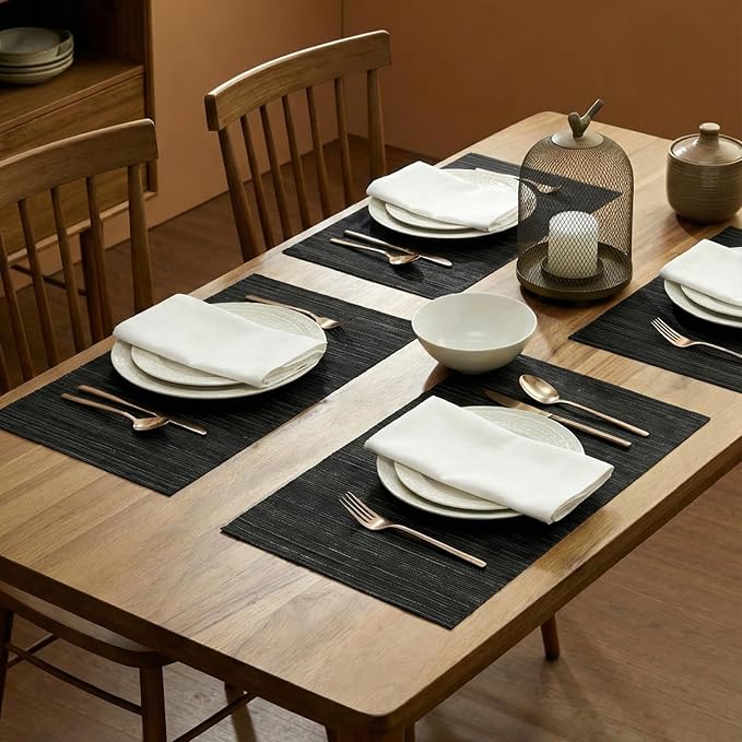 AHHFSMEI Placemats Set of 6 Woven Vinyl Non-Slip Heat Resistant Stain Resistant Easy Clean Place mats for Dining Table(Black)