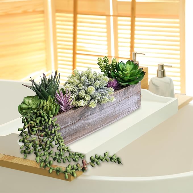 Winlyn Artificial Succulent Arrangement 14" Assorted Faux Succulents Plants in Rustic Rectangular Wooden Box Potted Succulents Plants for Farmhouse Home Table Centerpiece Windowsill Greenery Décor