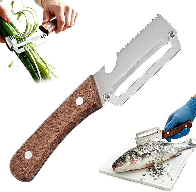 3 in 1 Premium Heavy Duty Stainless Steel Peeler - 2026 New 0 Snag Wooden Peeler for Kitchen - Multifunctional Vegetable Peeler with Bottle Opener & Serrated Blade - Fruit & Potato Peeling Tool (#B)