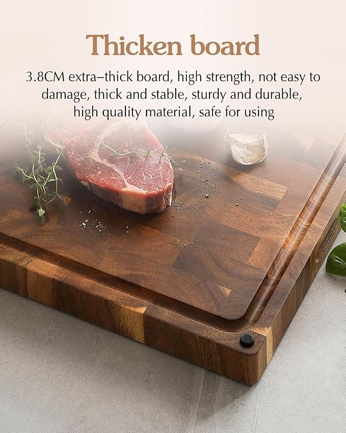 XINZUO Large Thick End Grain Acacia Wood Cutting Board- (19''L x 14''W x 1.5''T) Reversible Wooden Chopping Board with Non-Slip Feet, Built-in Handles and Juice Groove- Butcher Block Cutting Board