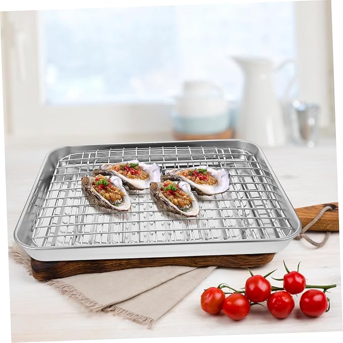 ABOOFAN 1Set Stainless Steel Baking Tray with Wire Rack Food Grade Non Stick Oven Pan Cooling Rack for Home Baking Camping and Restaurants Easy Clean
