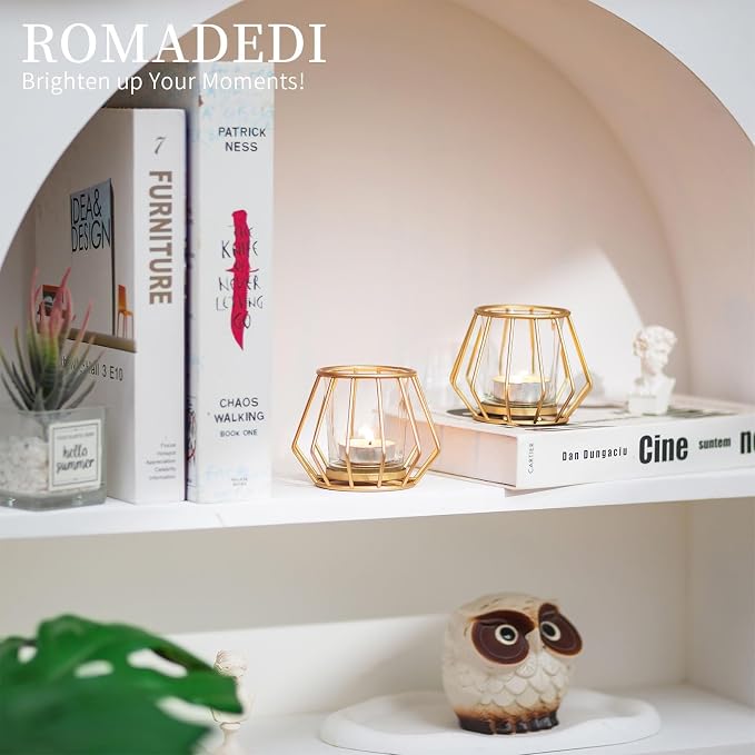 Geometric Tea Light Candle Holders - Wedding Centerpiece for Tables Morden Metal Votive Tealight Candles Stand with Glasses Coffee Home Room Decor Wedding Party Birthday Decoration, Gold 6 pcs