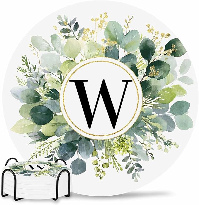 Coasters Set of 4 Letter W Drink Coasters with Holder Absorbent Stone Ceramic Cup Mat Alphabet Green Eucalyptus Leaves Coaster for Drinks Coffee Bar Office Kitchen Cafe Home Decor