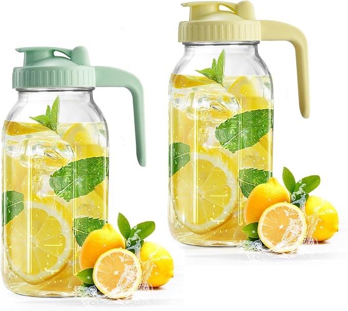 Mason Jar with Pour Spout Lid V-shaped, 2 Quart Iced Tea Pitcher Double Leak Proof, 64 oz Drink Pitcher for Breastmilk, Sun Tea, Juice, Coffee Creamer, Formula Pitche