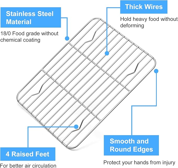 P&P CHEF Cooling Baking Rack Pack of 2, Stainless Steel Cooling Racks for Cooking Baking Roasting Grilling Drying, Dense Wires & Smooth Edge, Easy to clean, Silver, 9.7" x 7.3"