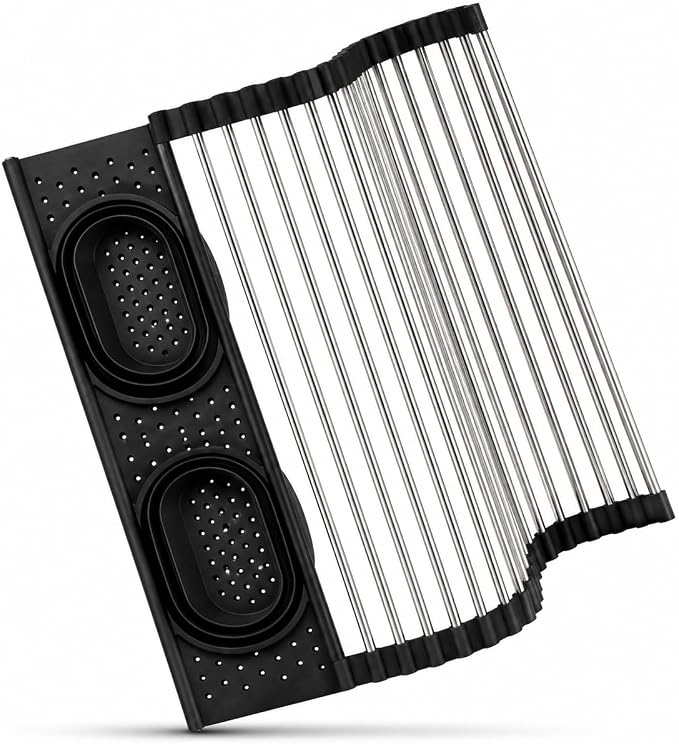 Roll Up Dish Drying Rack Over Sink, Stainless Steel, Black, 17.5"