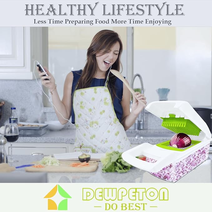 Dewpeton Pro-Series 16-in-1 Mandoline Slicer & Spiralizer, Veggie Chopper with Container for Onion Salad & More