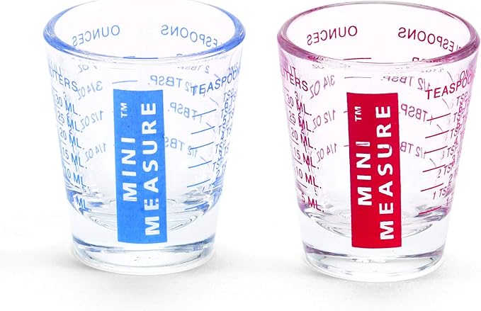 Kolder Mini Measure Heavy Glass, 20-Incremental Measurements Multi-Purpose Liquid and Dry Measuring Shot Glass, Red and Blue, Set of 2